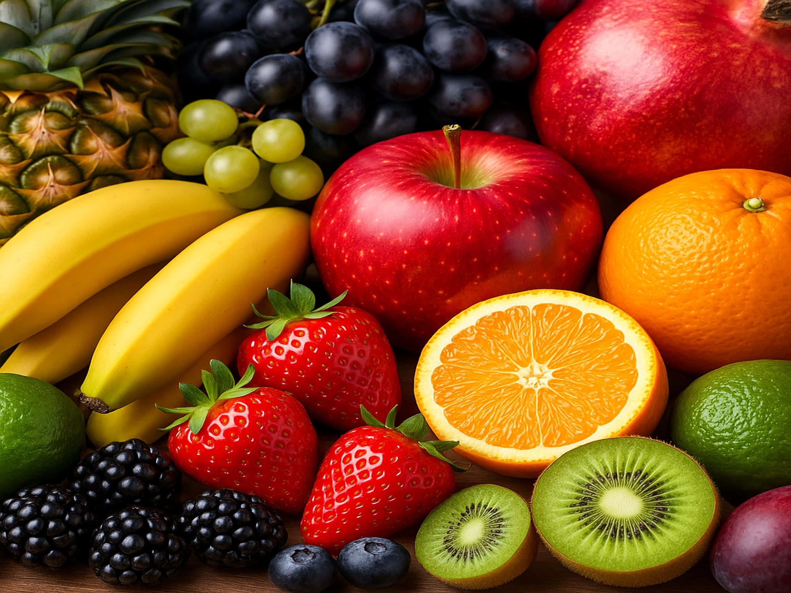 strawberries, bananas, apples, 2K Desktop Wallpaper