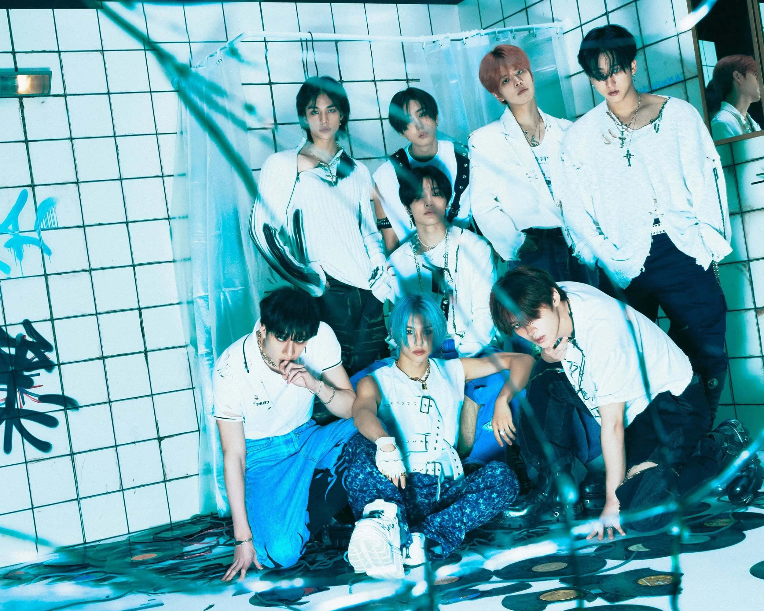 Stray Kids, blue aesthetic, neon-lit tiled room, Full HD Desktop Wallpaper
