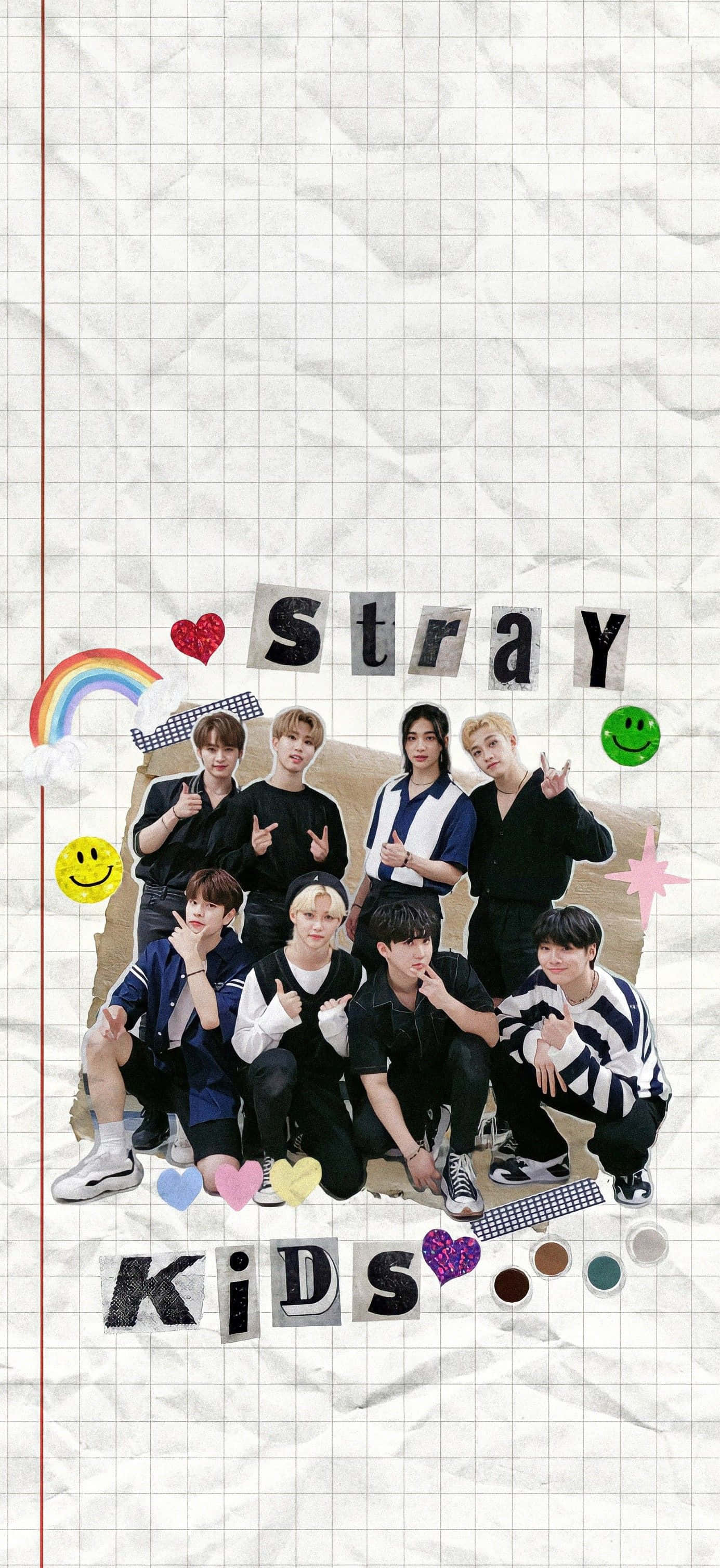 Stray Kids, crumpled graph paper, rainbow smiley stickers, 2K Phone Wallpaper