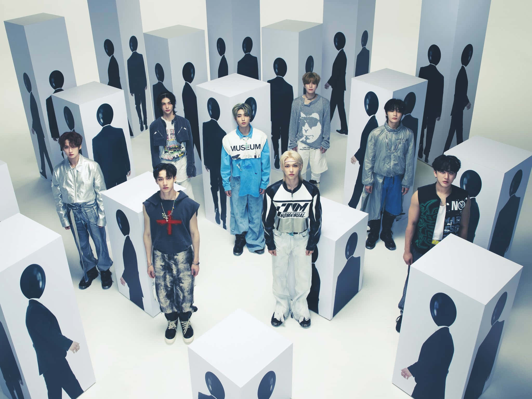 Stray Kids, seven stylish young men, towering white cubes, Full HD Desktop Wallpaper