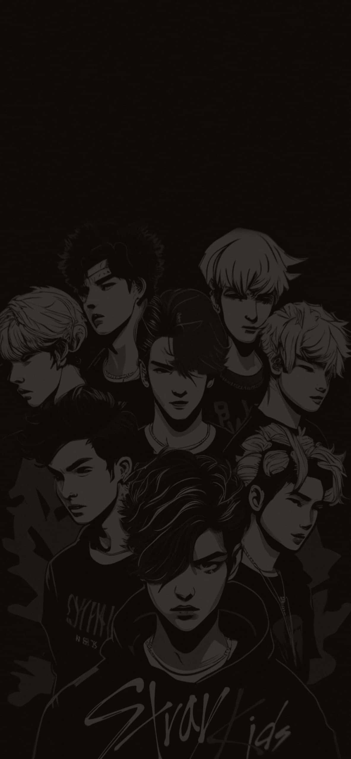Stray Kids, monochrome, anime-style portrait, 2K Phone Wallpaper