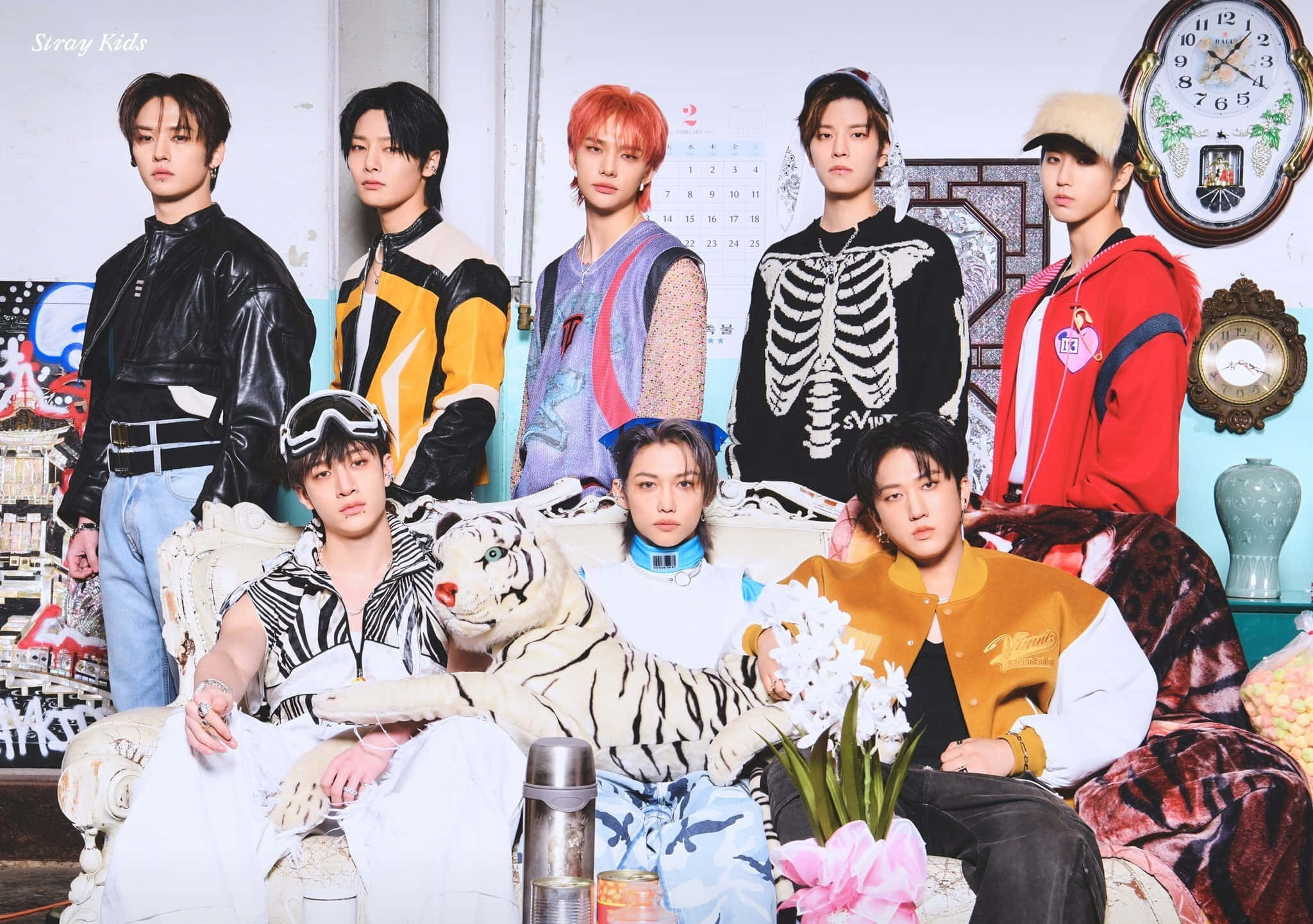 Stray Kids, white tiger plushie, cluttered vintage room, Full HD Desktop Wallpaper