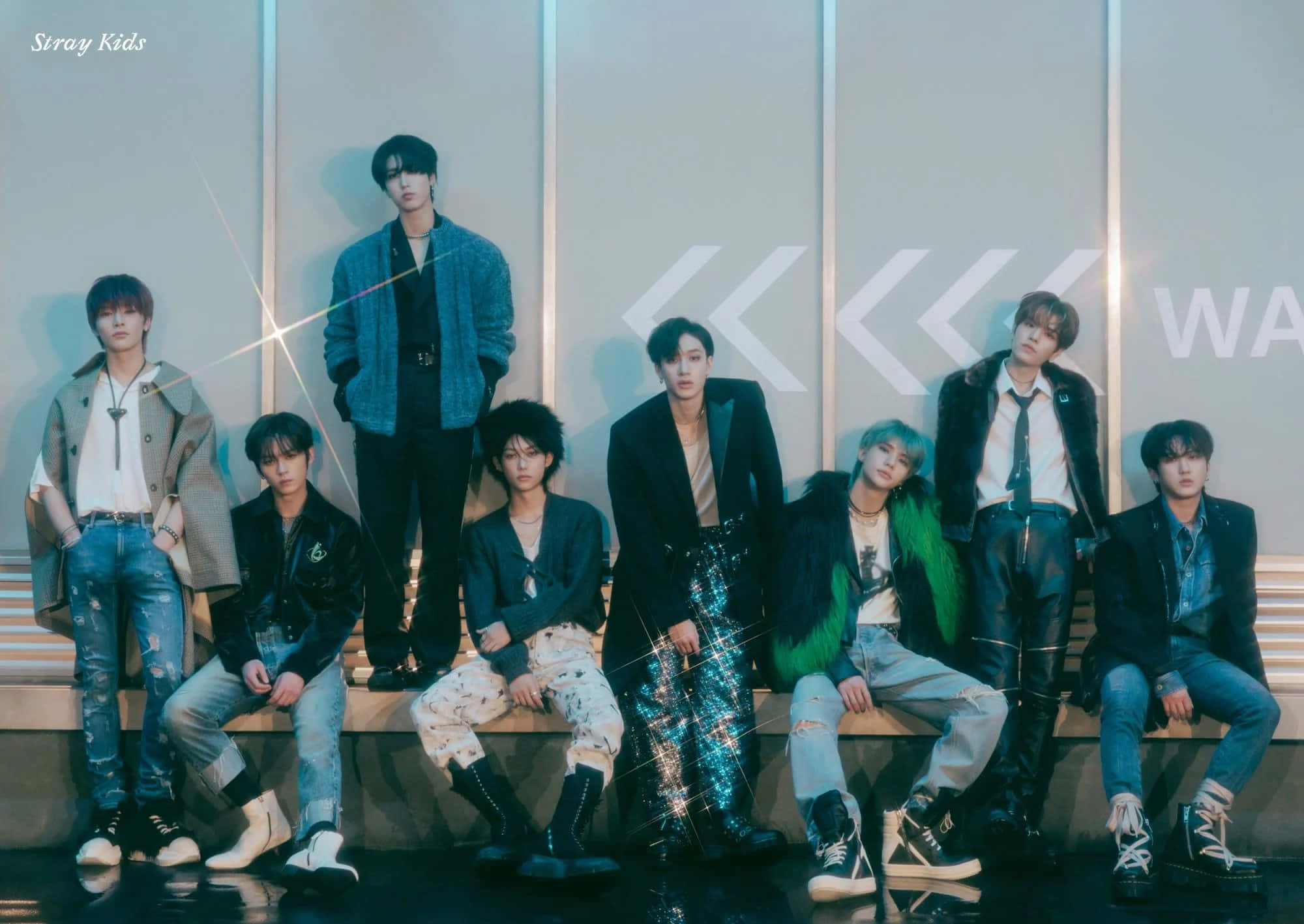 Stray Kids, group pose, modern backdrop, Full HD Desktop Wallpaper