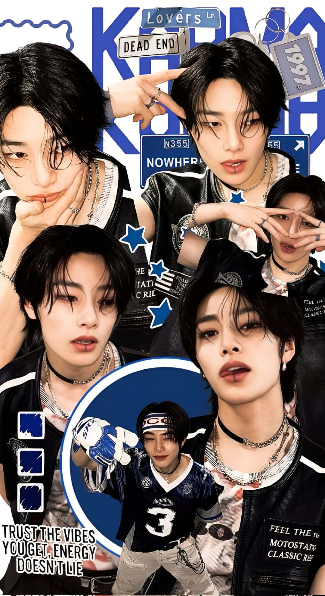 Stray Kids, blue stars, street sign props, Full HD Phone Wallpaper