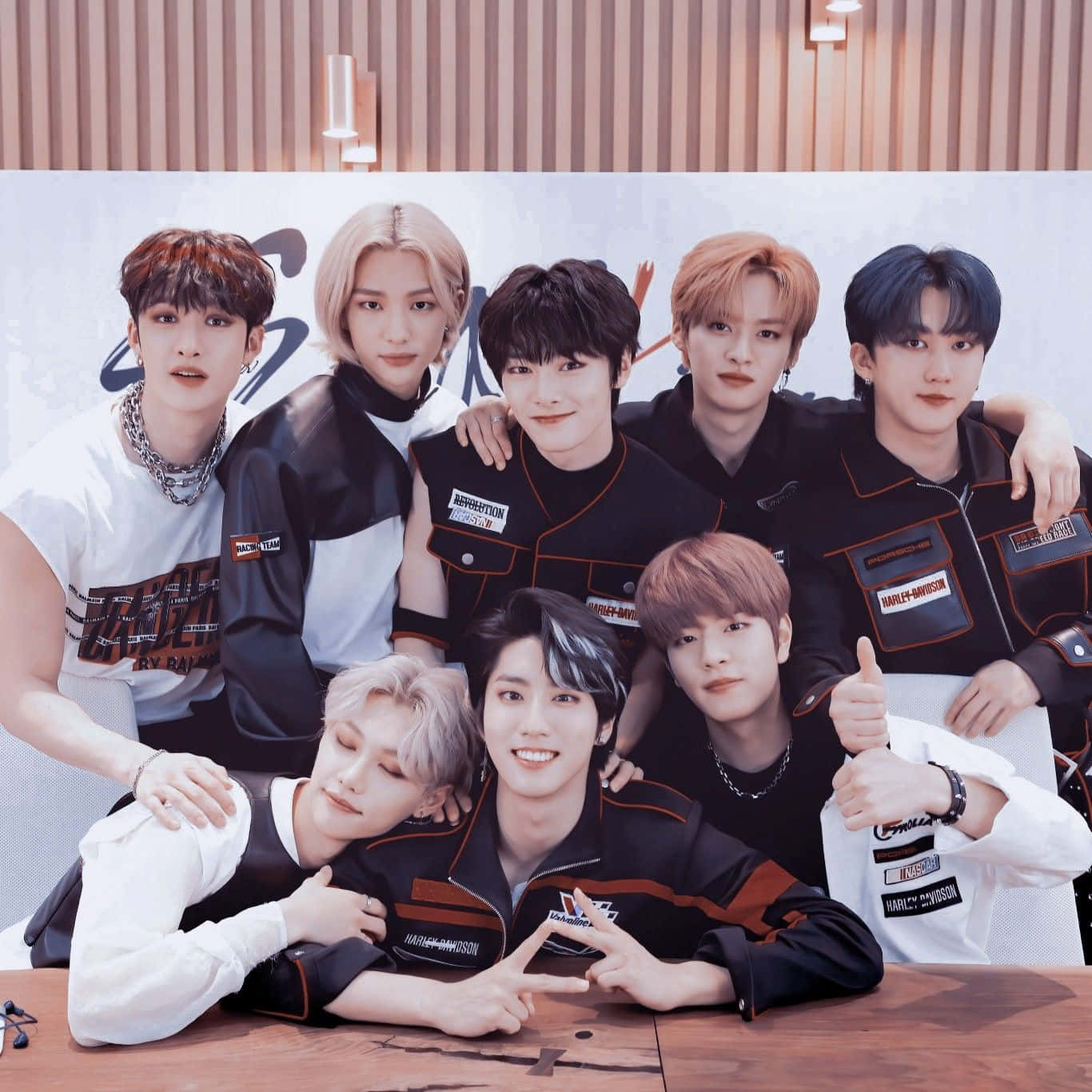 Stray Kids, black and white Harley Davidson jackets, wooden slat wall, HD Desktop Wallpaper