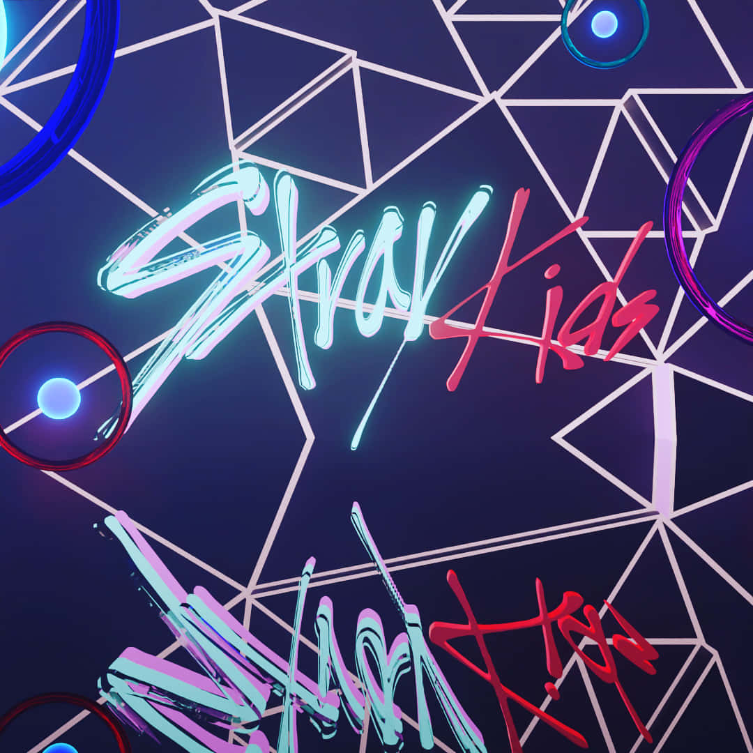 Stray Kids, neon glowing text, dark blue geometric grid, SD Desktop Wallpaper