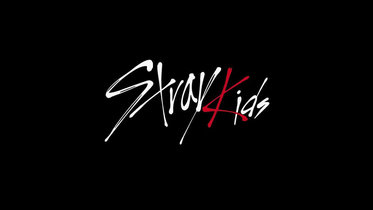 Stray Kids Logo, white and red brushstroke font, solid black background, HD Desktop Wallpaper