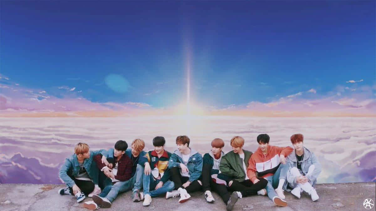 Stray Kids OT8, vibrant blue sky, radiant sunburst, SD Desktop Wallpaper