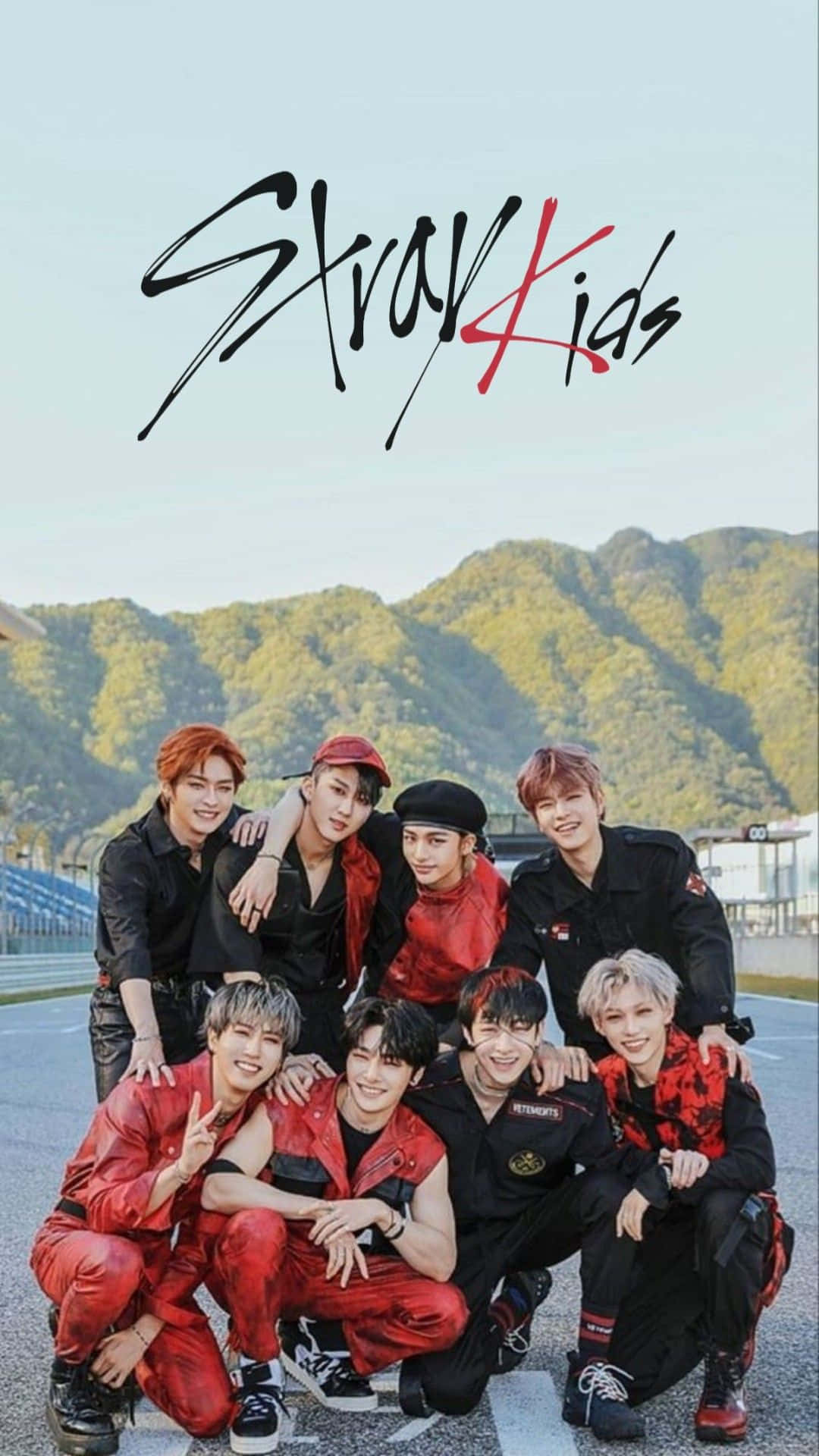 Stray Kids Ot8, red and black outfits, racetrack, Full HD Phone Wallpaper