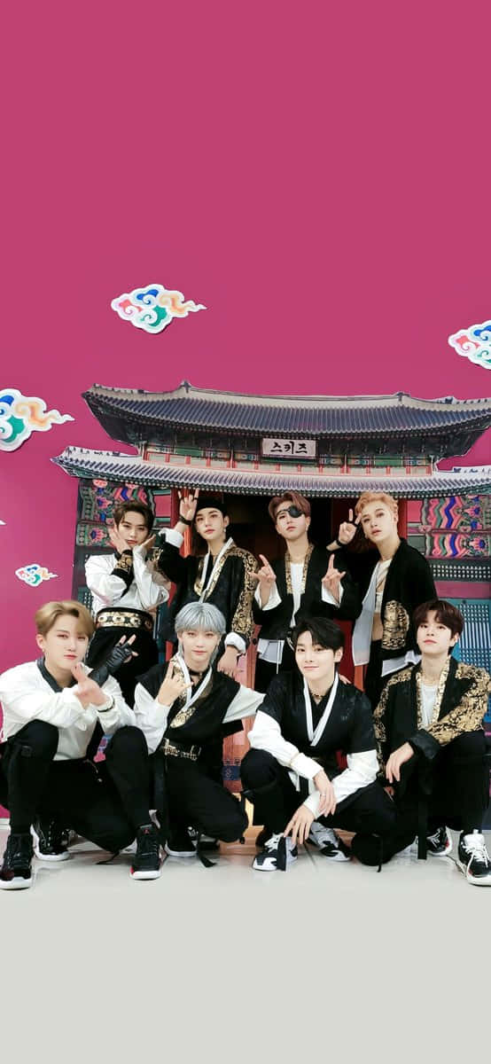 Stray Kids OT8, black and white outfits, traditional Korean gate, SD Phone Wallpaper