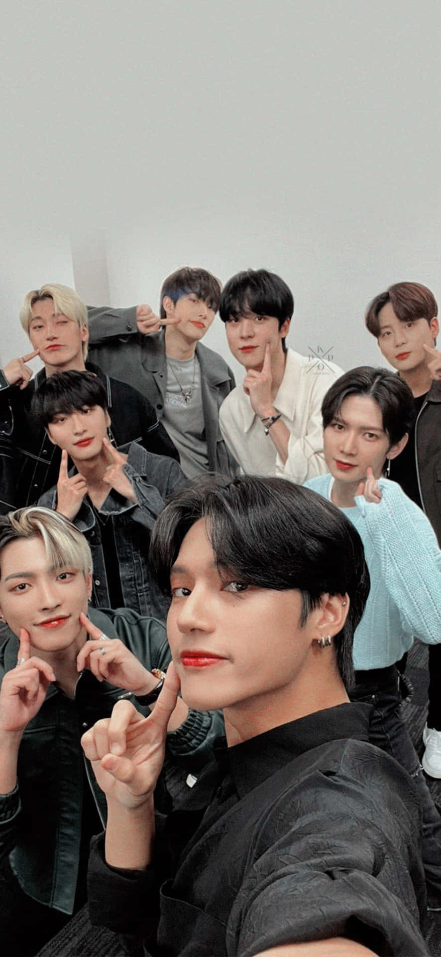 Stray Kids OT8, bold red lips, minimalist studio, Full HD Phone Wallpaper