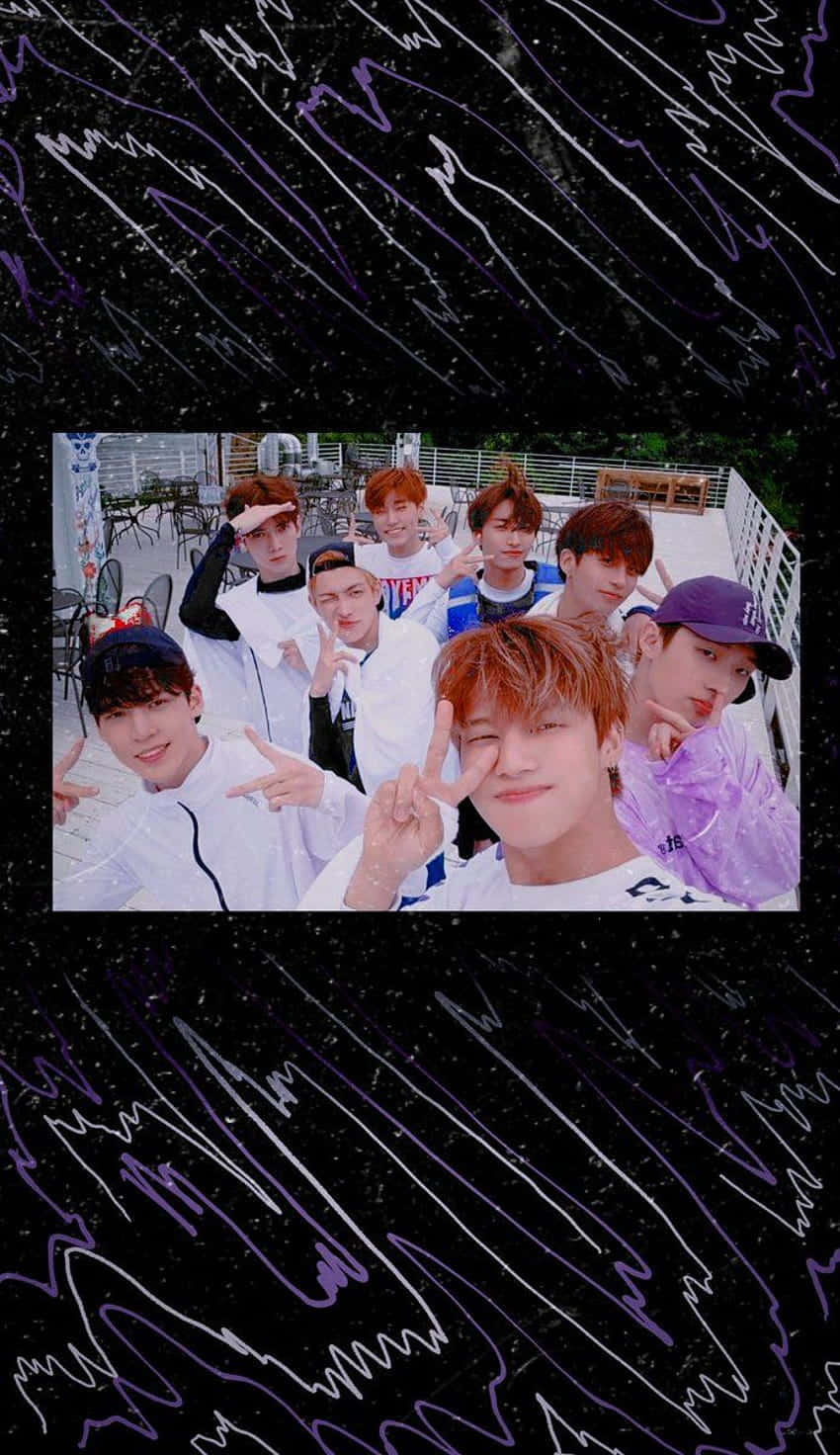 Stray Kids OT8, white outfits, black and purple abstract background, HD Phone Wallpaper
