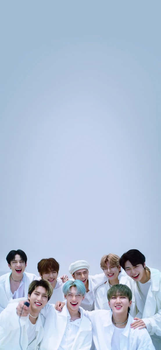 Stray Kids OT8, white outfits, soft gradient sky background, SD Phone Wallpaper