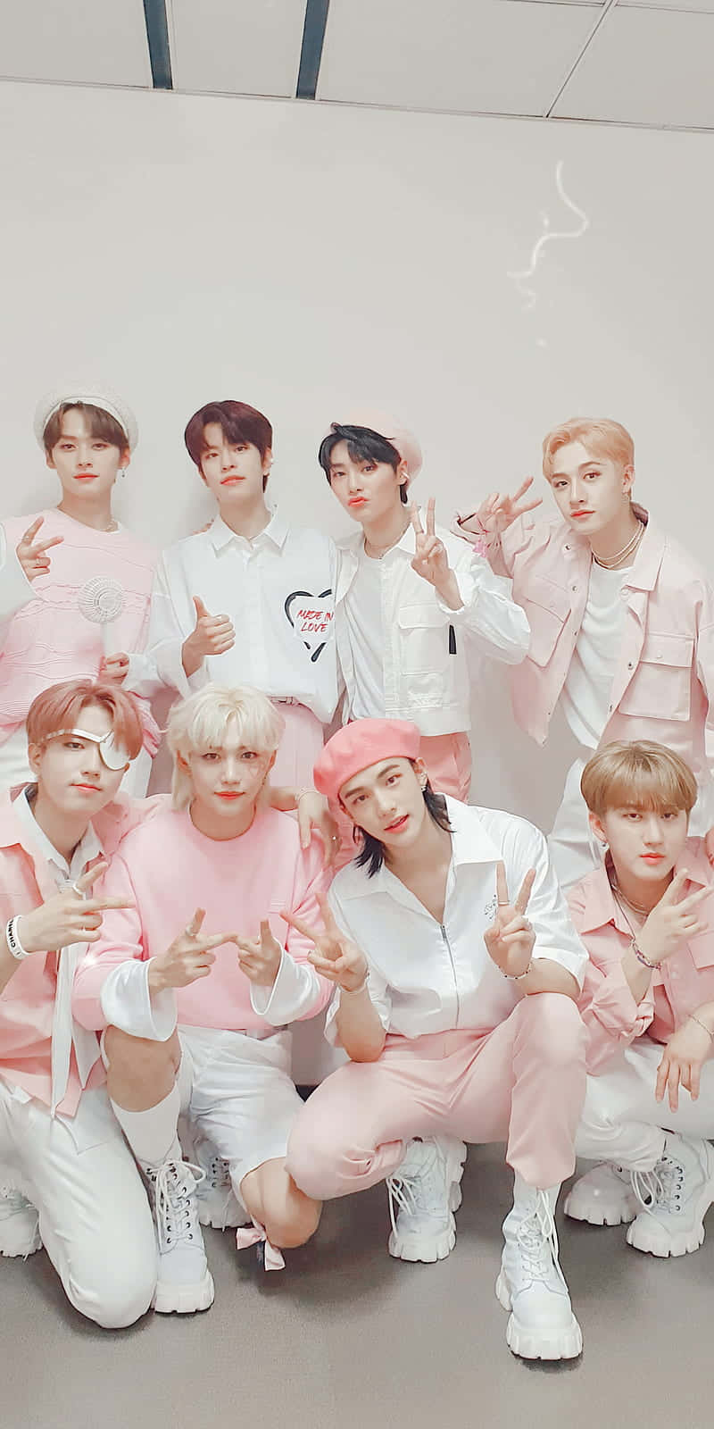Stray Kids, OT8, pink and white outfits, HD Phone Wallpaper