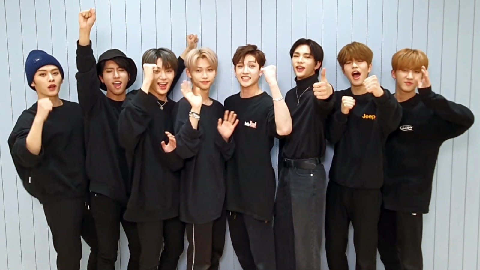 Stray Kids OT8, black outfits, light blue vertical panel wall, HD Desktop Wallpaper