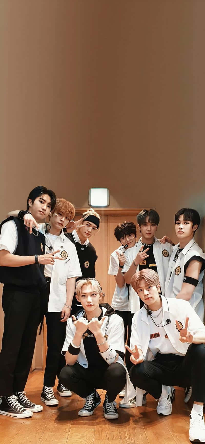 STRAY KIDS OT8, white and black outfits, wooden floors, HD Phone Wallpaper
