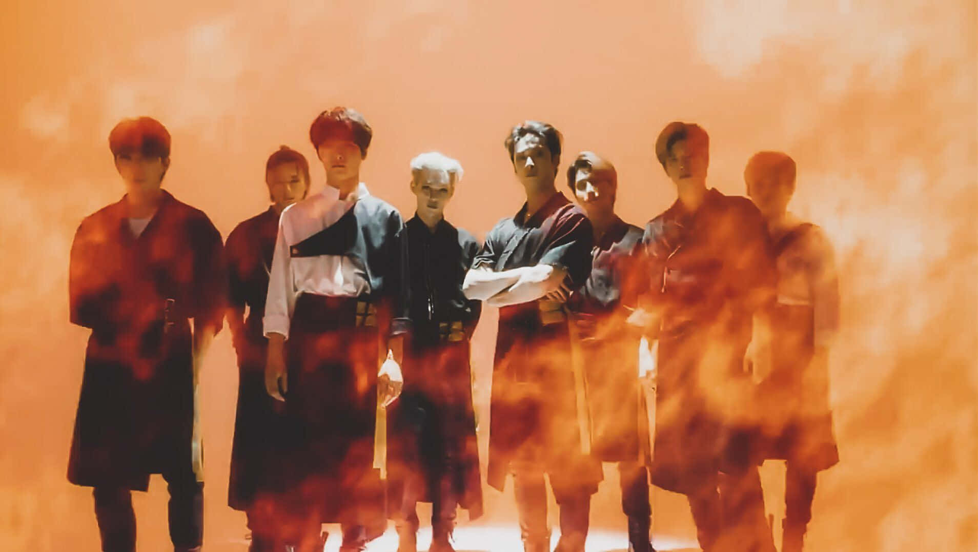 Stray Kids Ot8, dark robes, fiery orange haze, HD Desktop Wallpaper