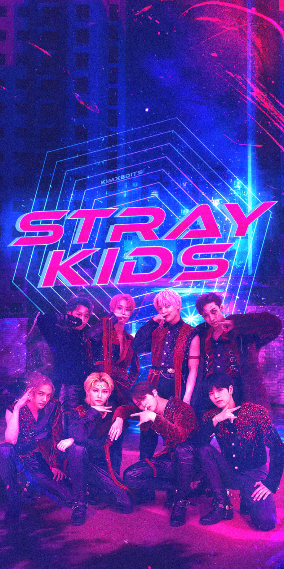 Stray Kids, neon-lit urban scene, glowing pink and blue geometric lights, Full HD Phone Wallpaper