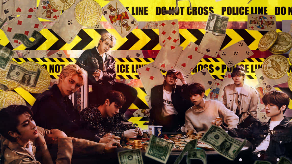 Stray Kids Ot8, poker table, floating money cards, SD Desktop Wallpaper
