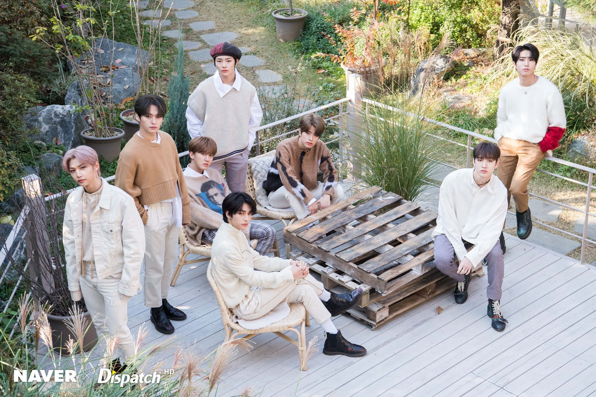 Stray Kids Ot8, earth-toned outfits, wooden deck, Full HD Desktop Wallpaper