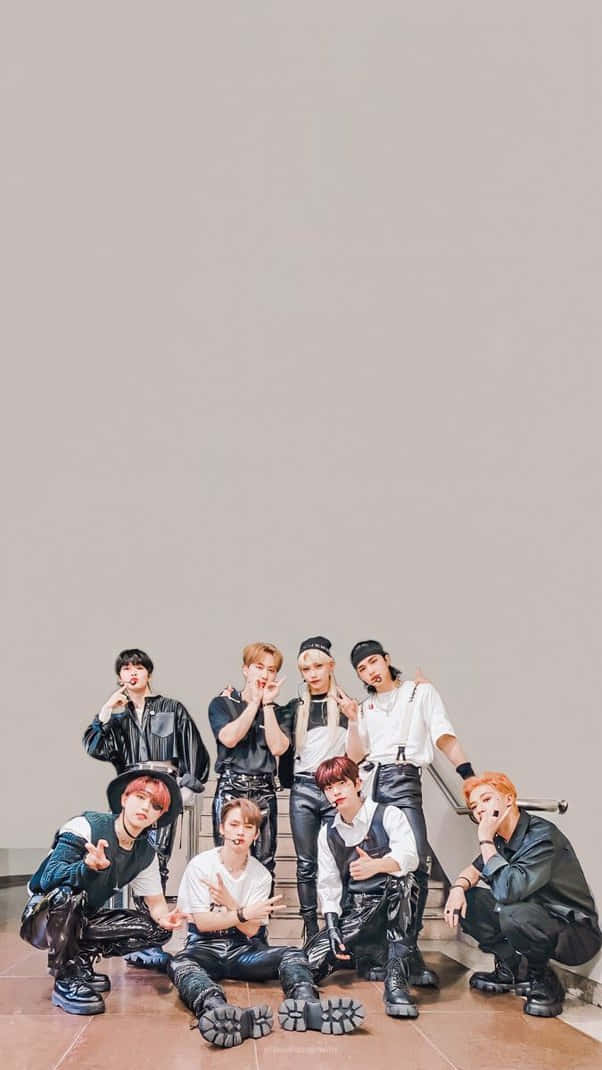 Stray Kids OT8, black leather outfits, staircase, SD Phone Wallpaper