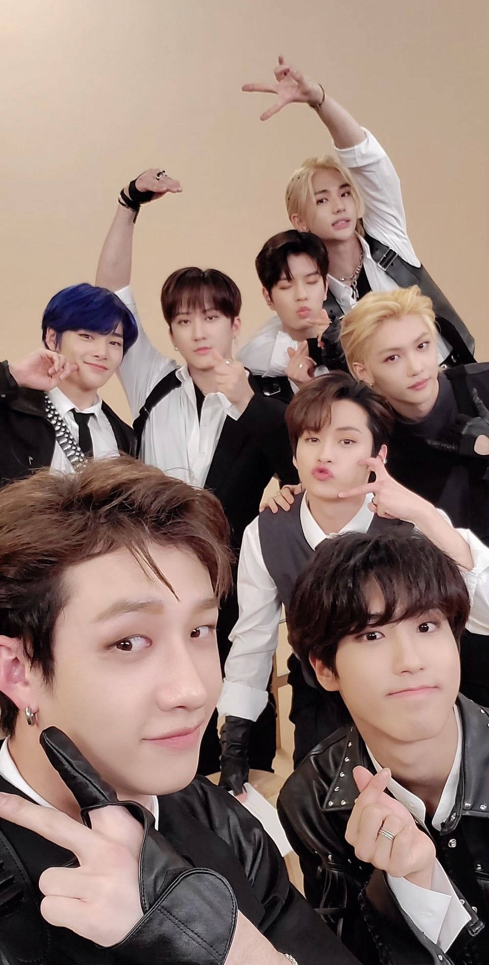 Stray Kids, black and white outfits, peace signs, Full HD Phone Wallpaper