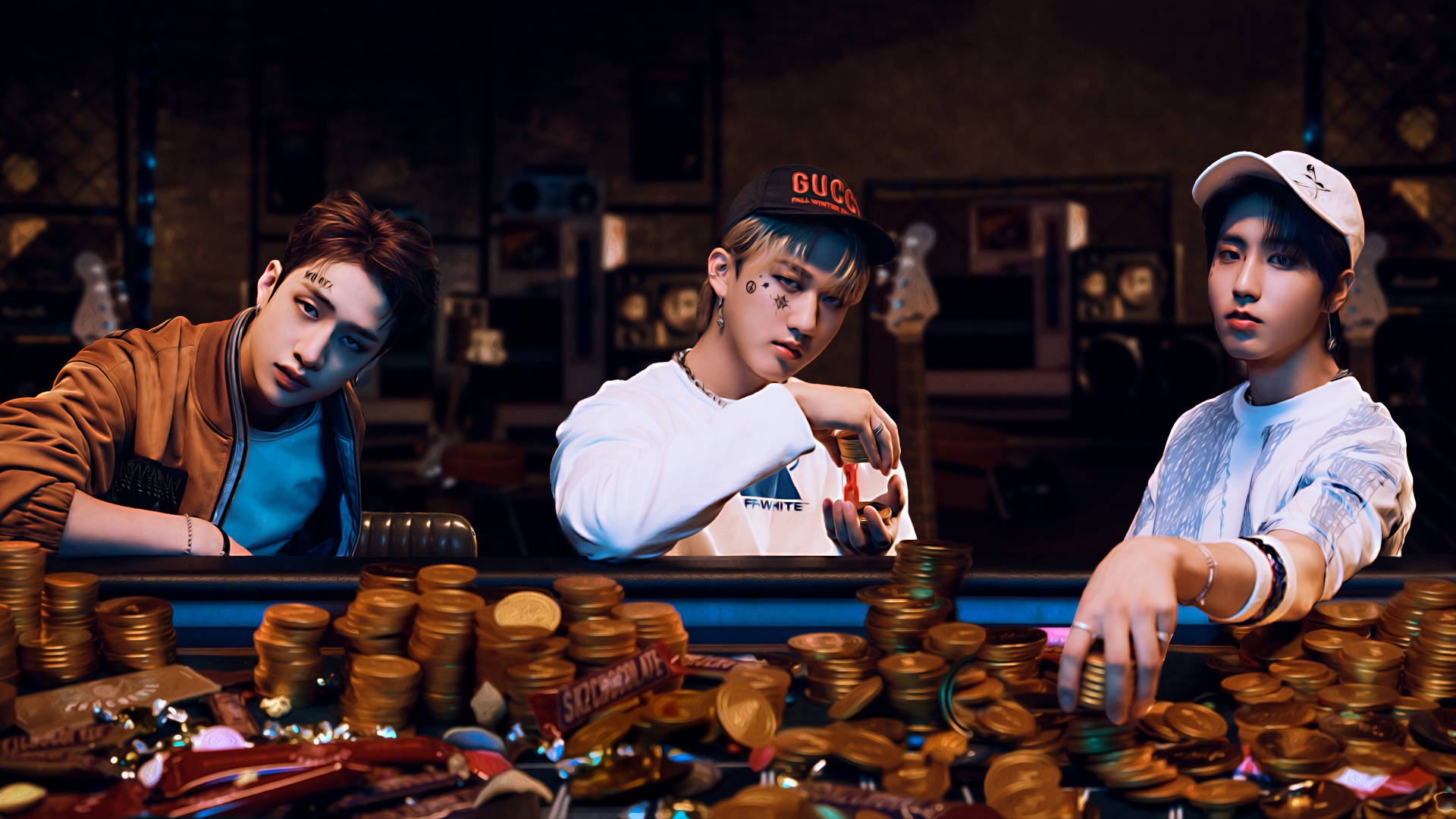 Stray Kids, 3Racha, gold coins, Full HD Desktop Wallpaper