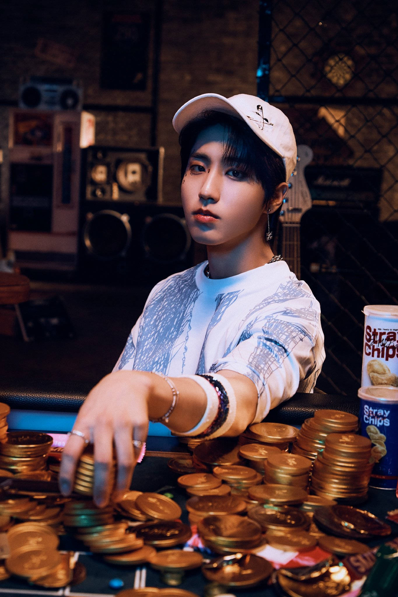 Stray Kids, white cap, patterned shirt, Full HD Phone Wallpaper