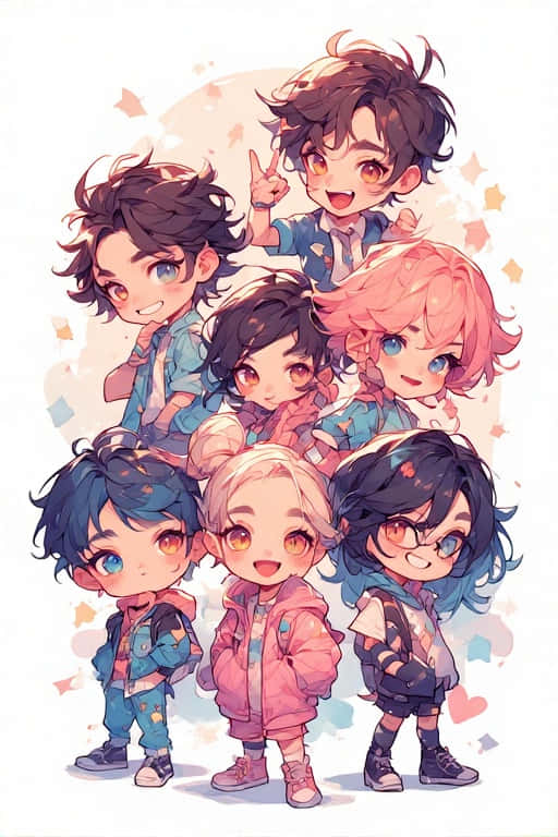 Stray Kids, chibi anime boys, colorful hair, SD Phone Wallpaper