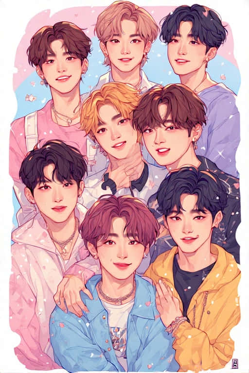 Stray Kids, anime-style, seven young men, SD Phone Wallpaper