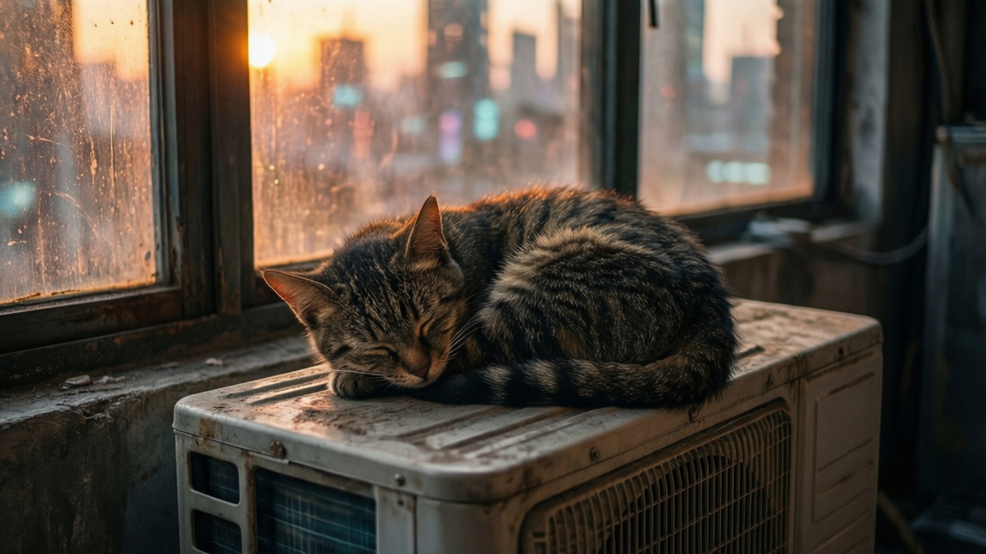 Cozy Console, AC unit, warm sunset glow, Full HD Desktop Wallpaper