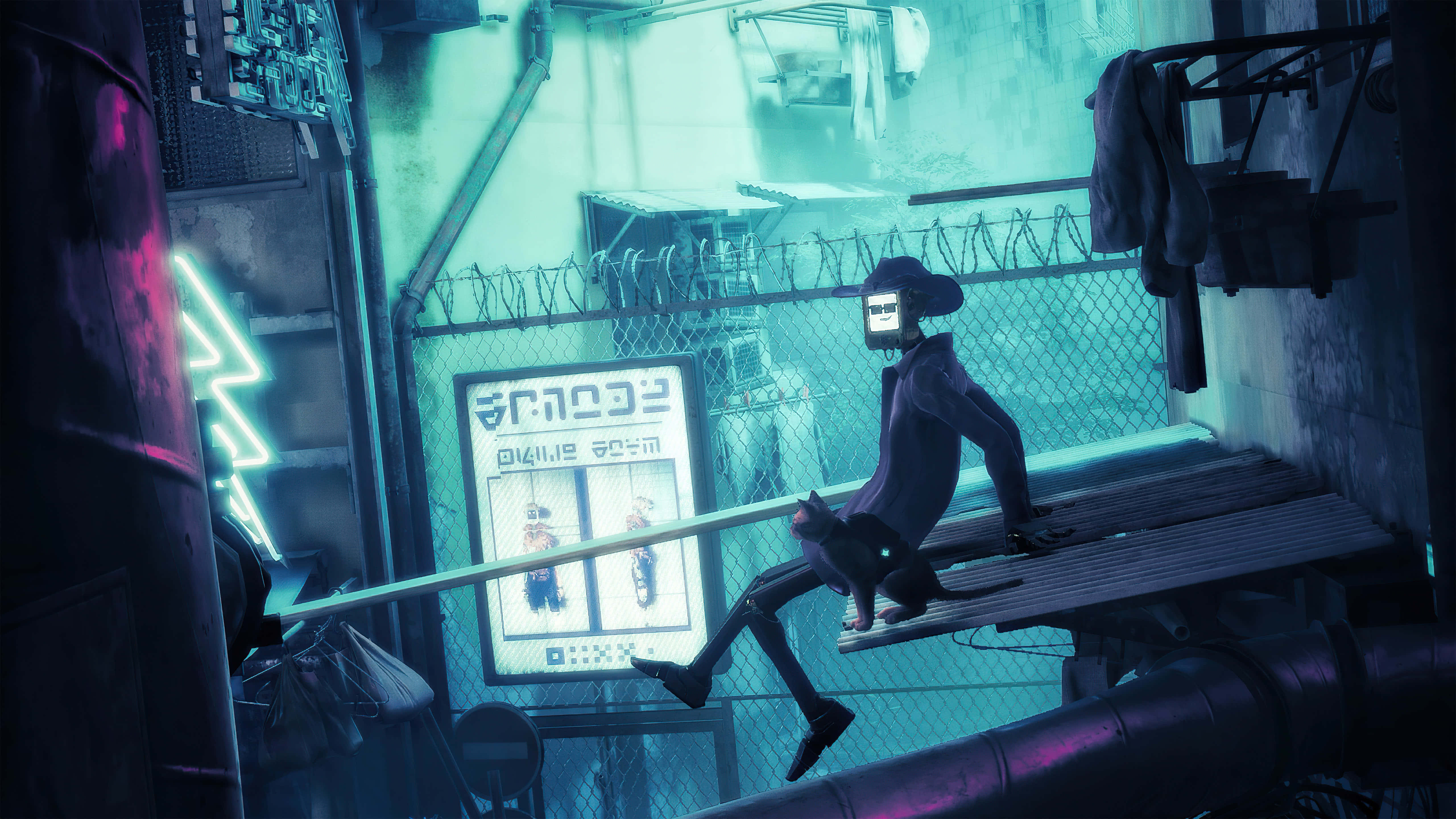 Stray, cyberpunk alley, neon-drenched, 5K Desktop Wallpaper