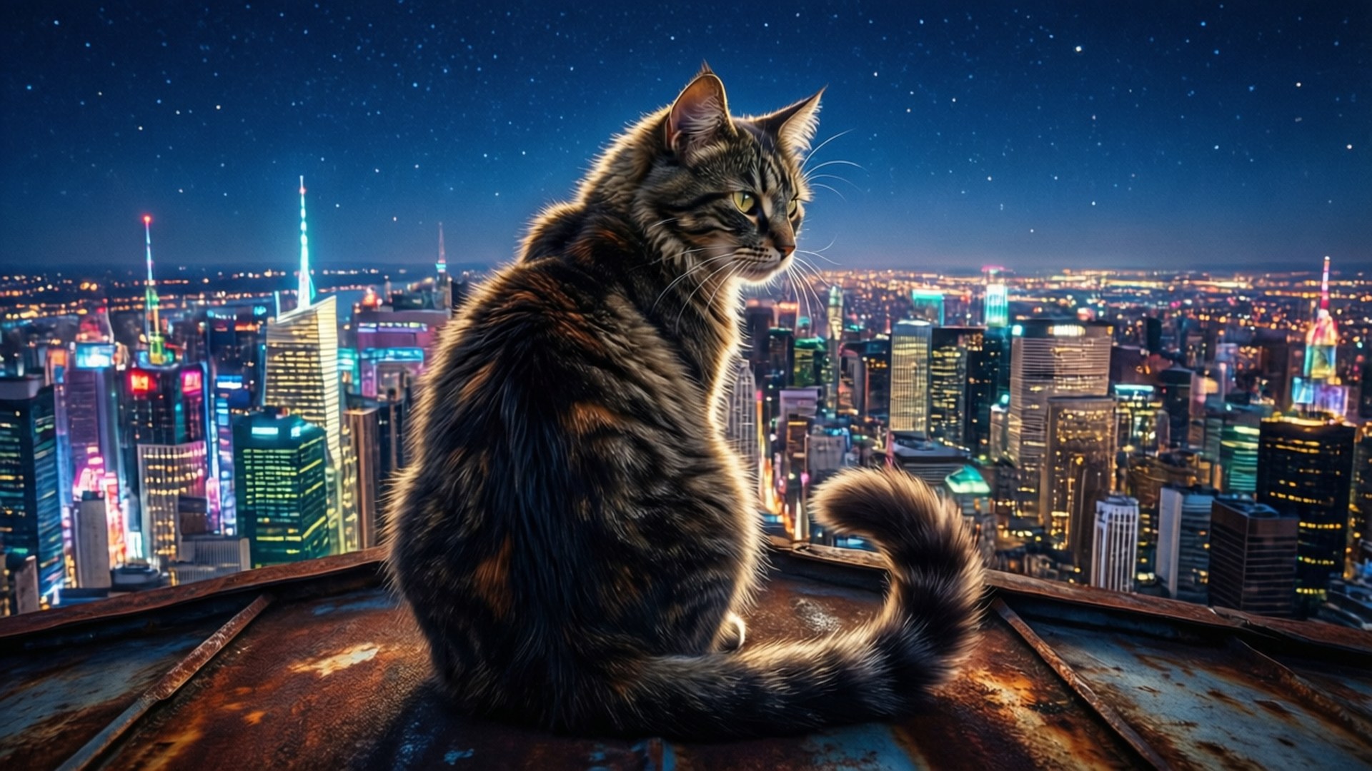 rooftop sentinel, cyberpunk cityscape, cat, Full HD Desktop Wallpaper