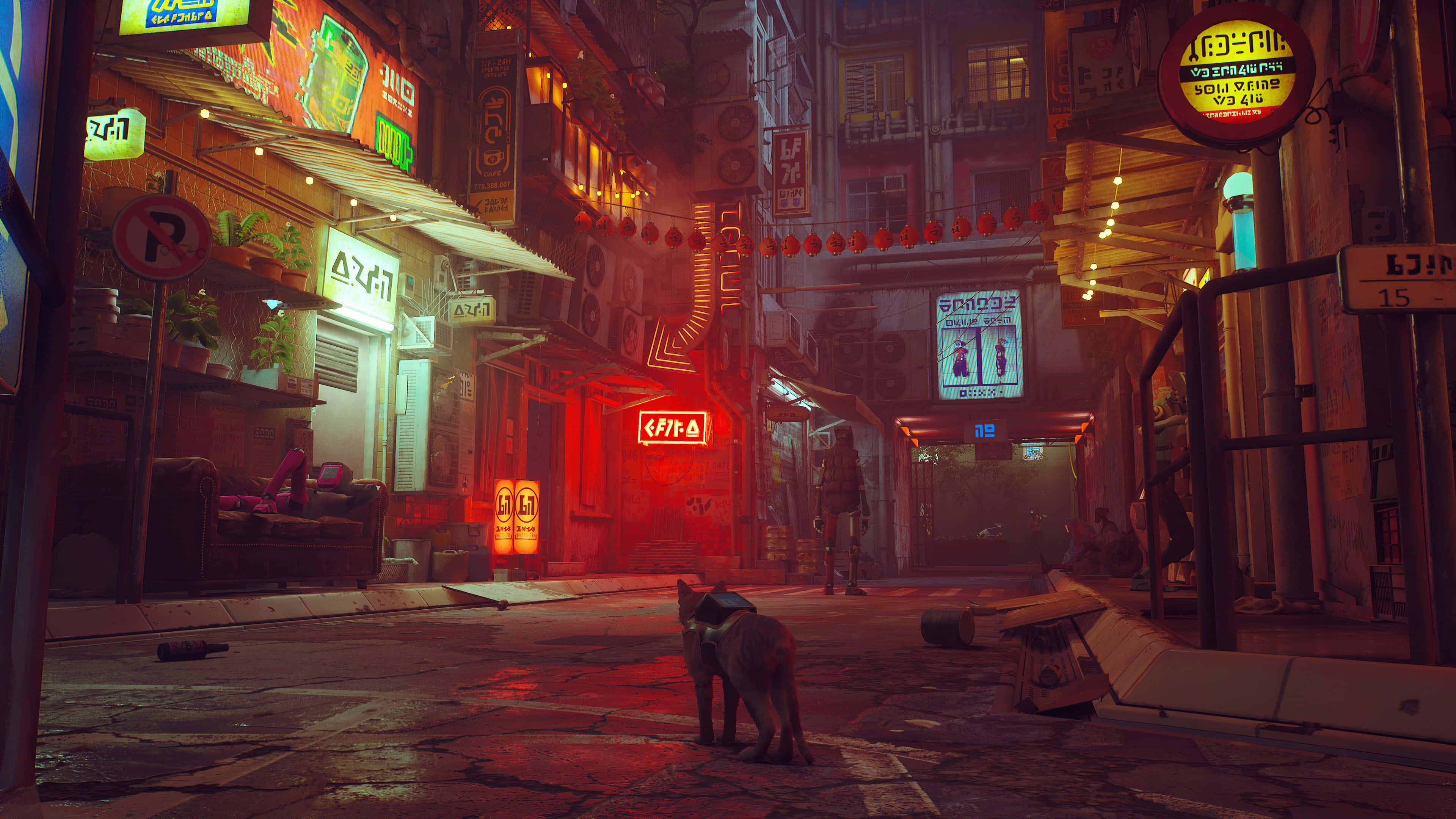 Stray, neon-drenched alleyway, night, 4K Desktop Wallpaper