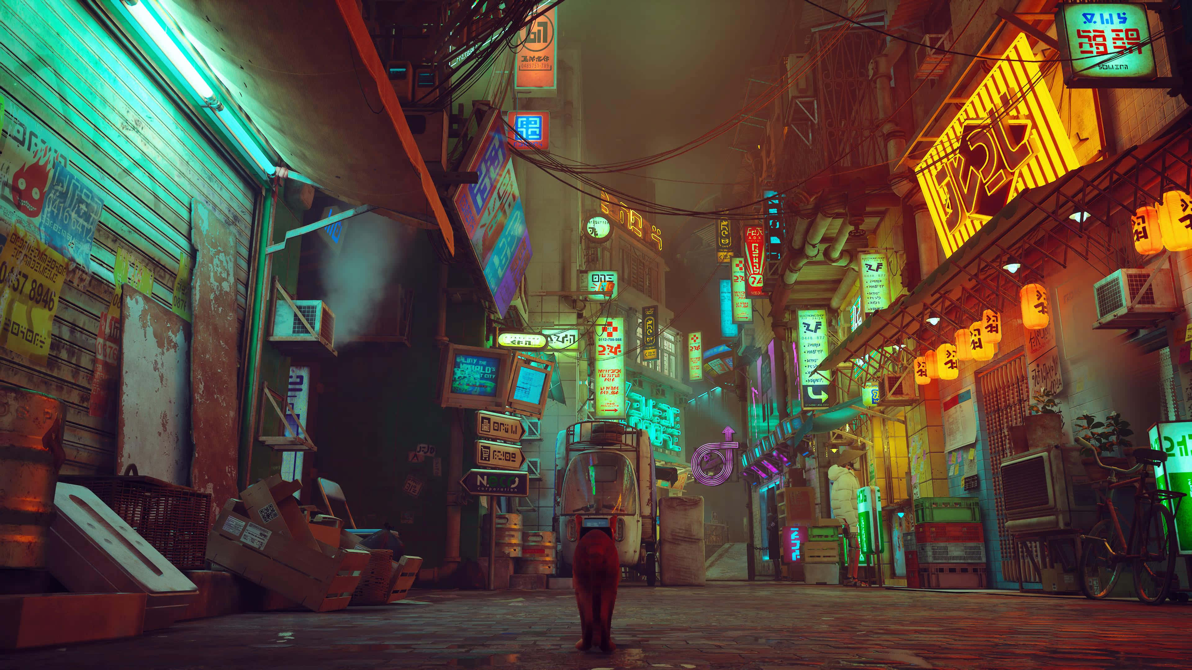 Stray, cyberpunk cityscape, neon-lit alleyway, 4K Desktop Wallpaper