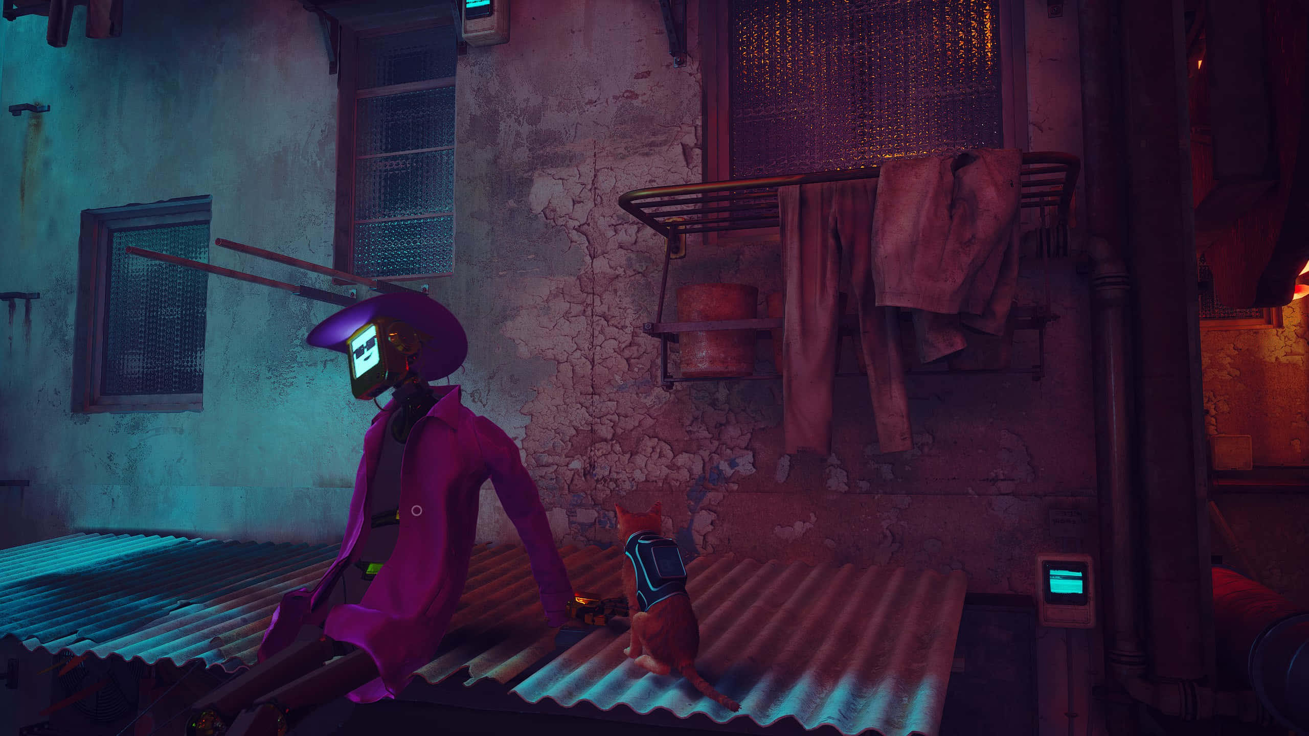 cyberpunk robot, purple coat, glowing helmet, 2K Desktop Wallpaper
