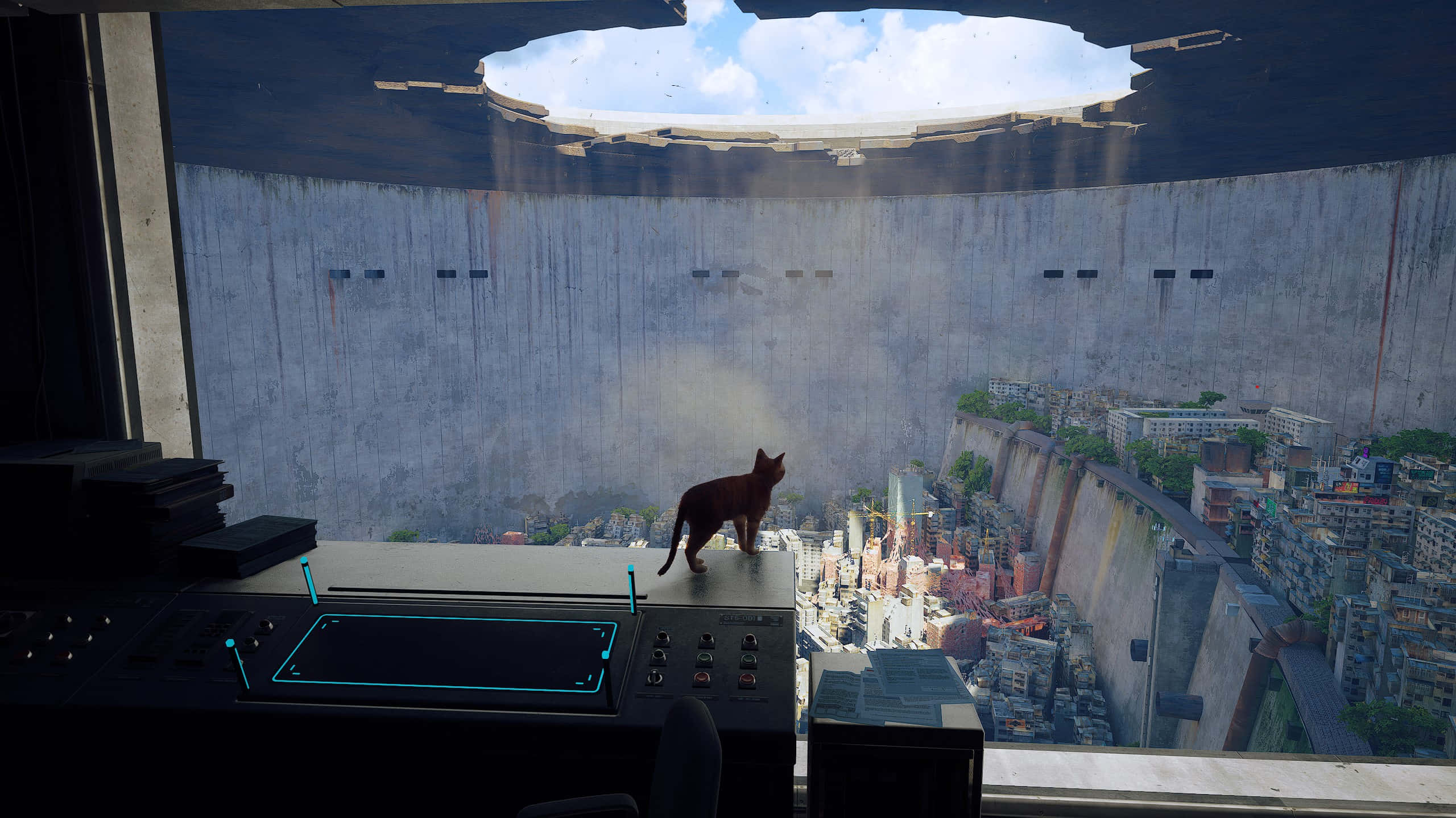 Stray, brown cat, futuristic console, 2K Desktop Wallpaper