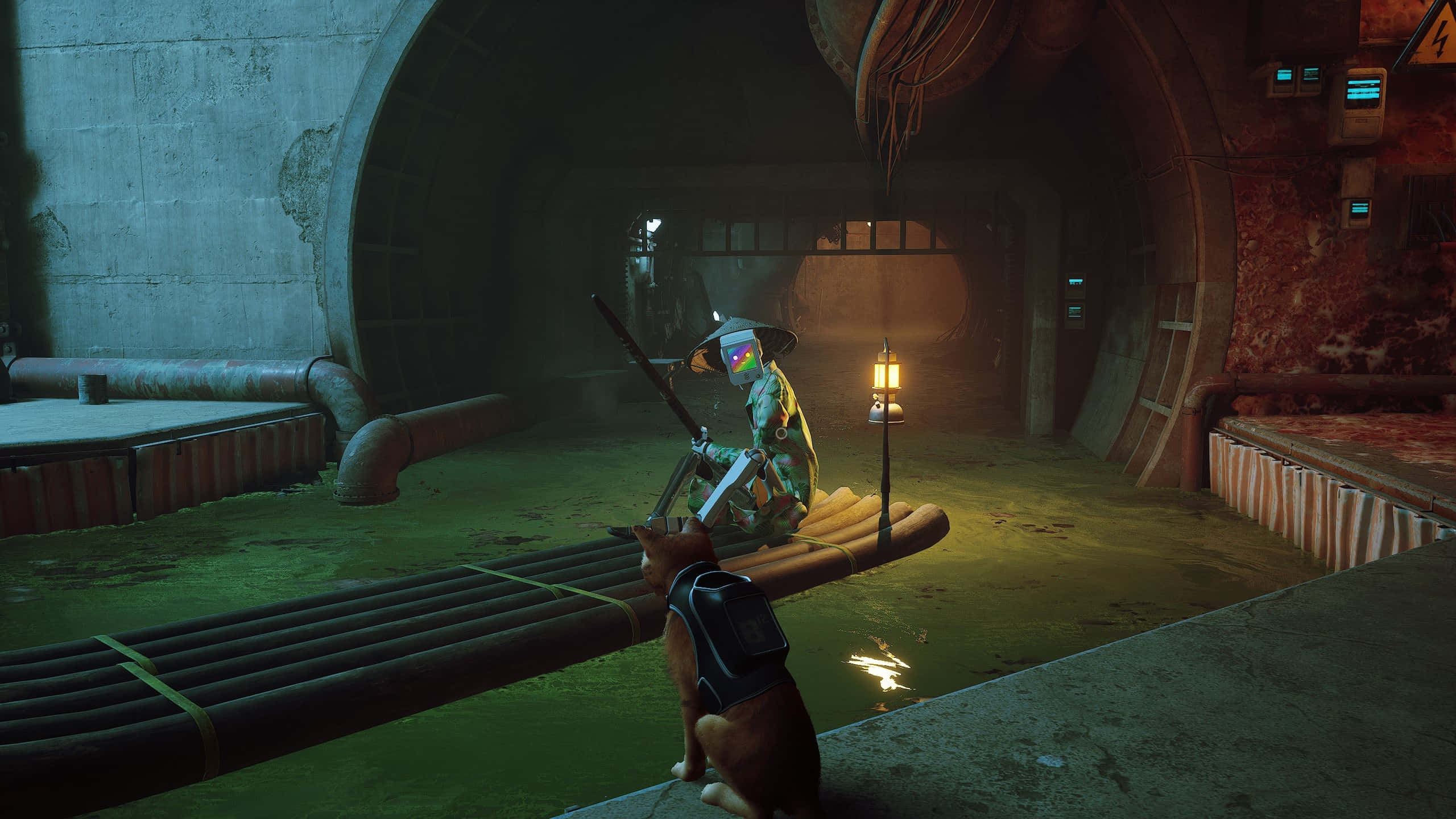 Stray, glowing helmet, bamboo raft, 2K Desktop Wallpaper