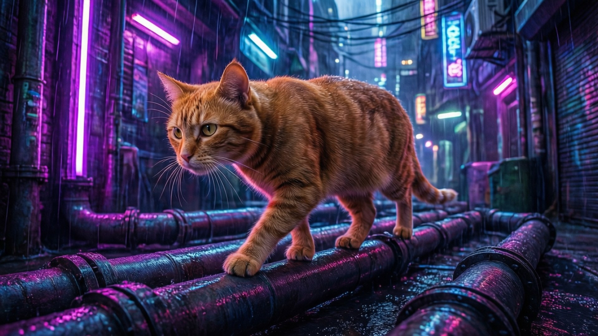neon pipe walker, glowing pipes, rainy cyberpunk alley, Full HD Desktop Wallpaper