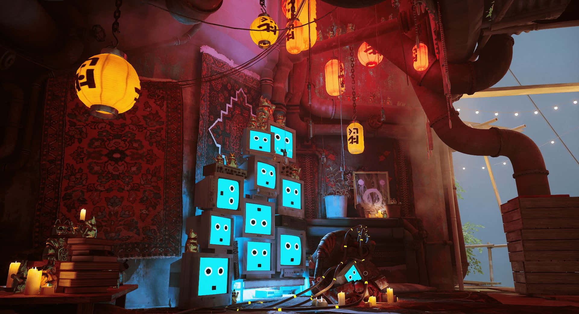 Stray, blue robots, shrine, Full HD Desktop Wallpaper