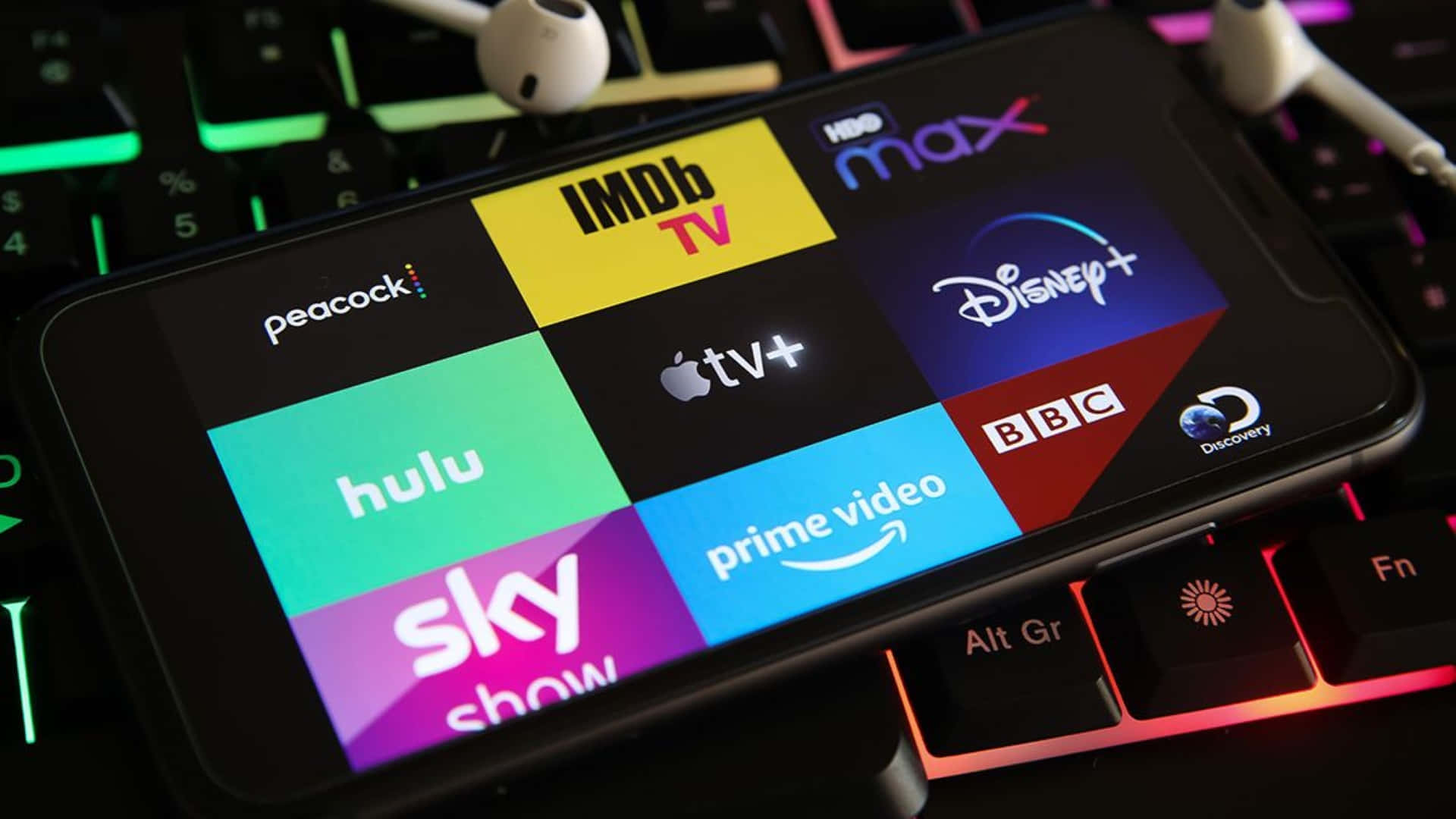 Streaming Service, smartphone, streaming app logos, Full HD Desktop Wallpaper