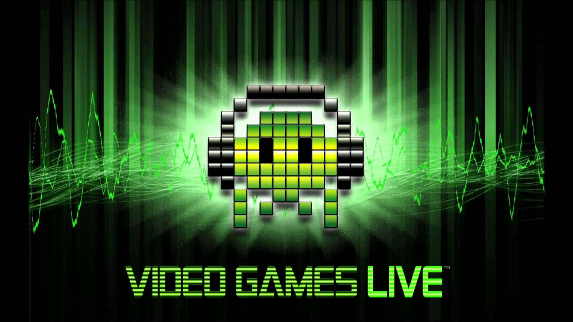 pixelated green alien, dark background, vertical light streaks, Full HD Desktop Wallpaper