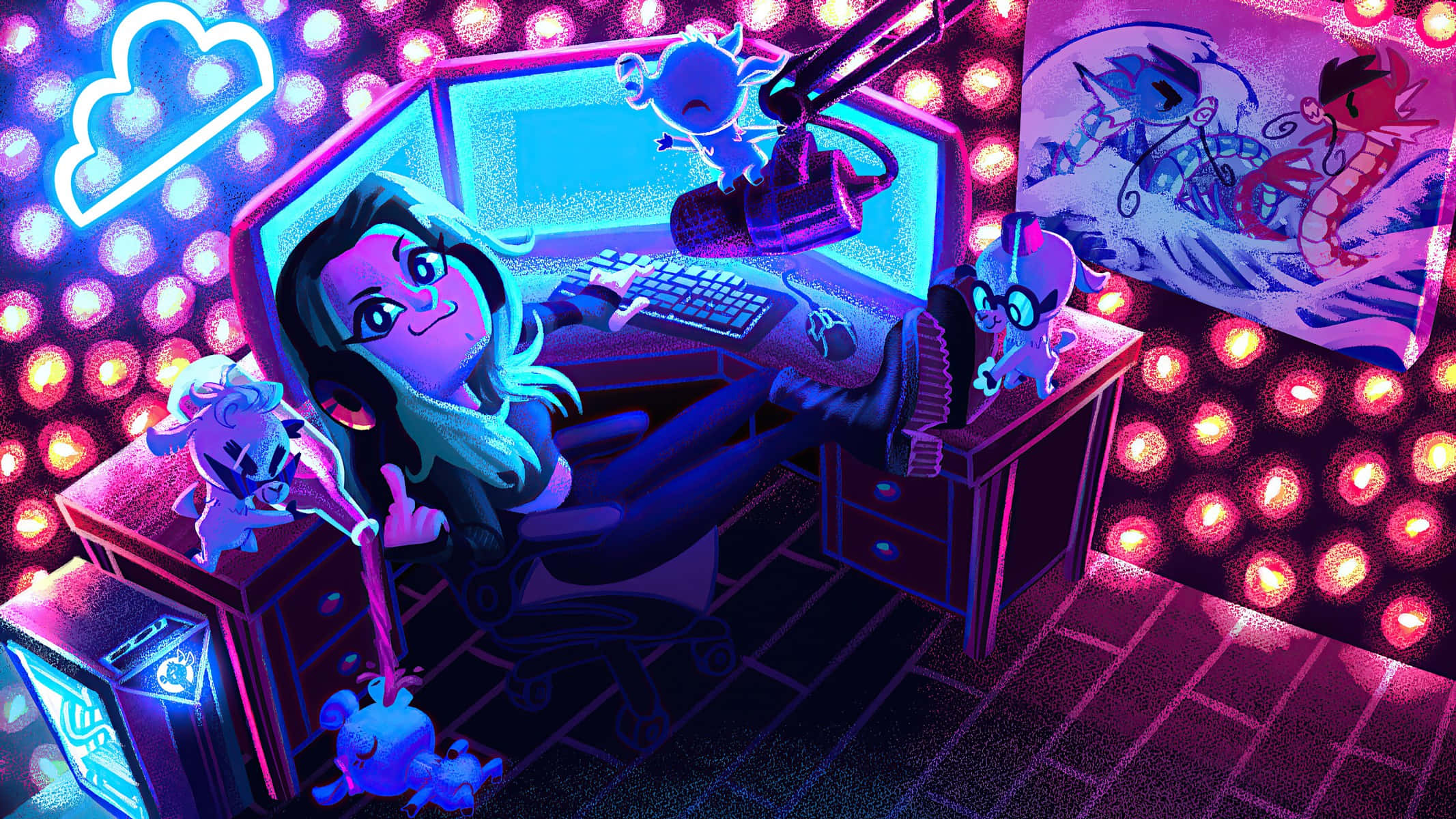 Streaming, neon-lit gaming chair, glowing lights, Full HD Desktop Wallpaper