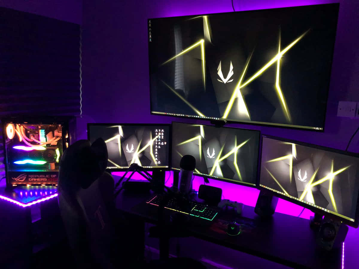 Streaming, purple light, multi-monitor setup, SD Desktop Wallpaper