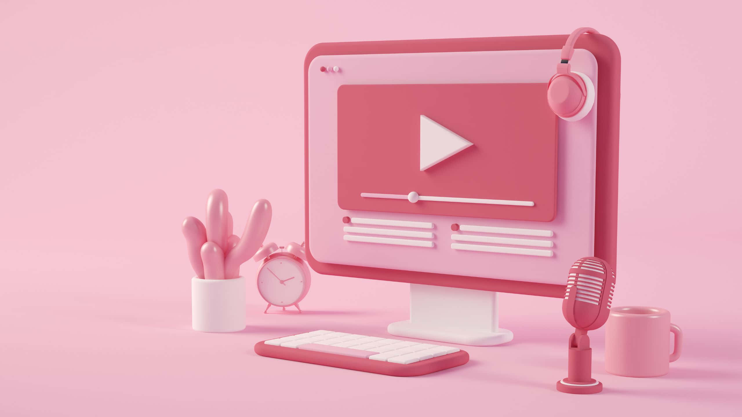 Streaming, pink aesthetic, 3d-rendered desk setup, 2K Desktop Wallpaper