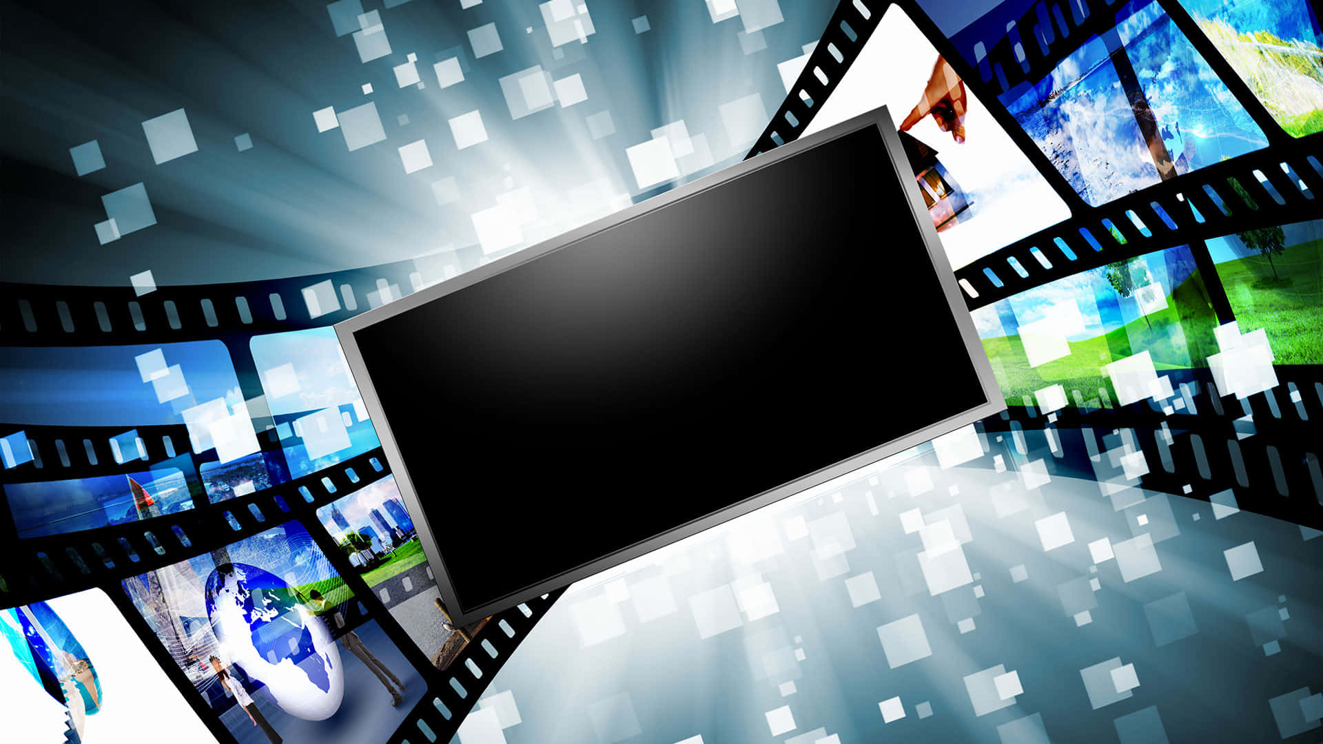 television screen, sleek black, swirling film strips, Full HD Desktop Wallpaper