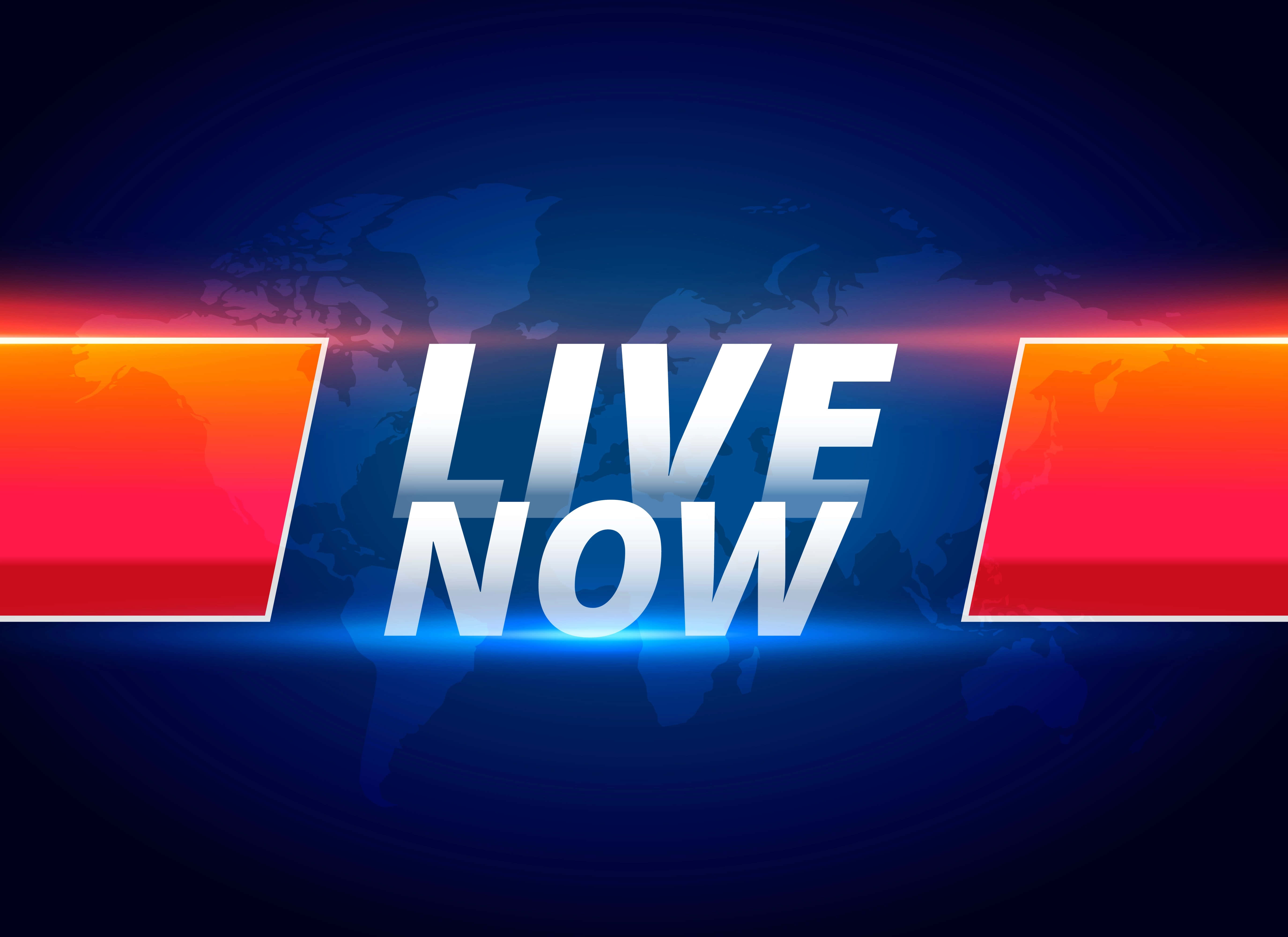 LIVE NOW, dark blue world map, vibrant orange-red bars, 5K Desktop Wallpaper