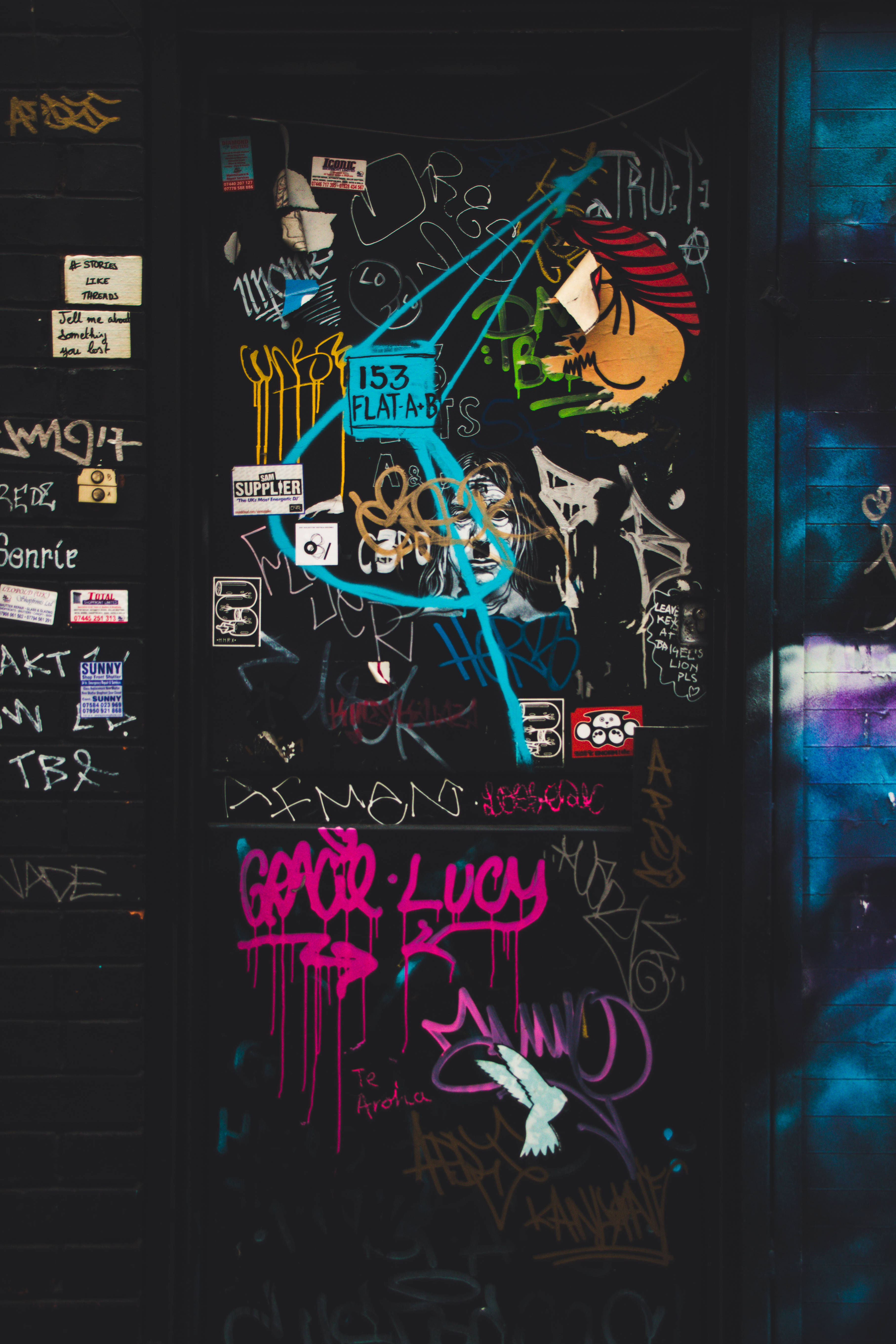 black door, vibrant graffiti tags, stickers, 5K Phone Wallpaper
