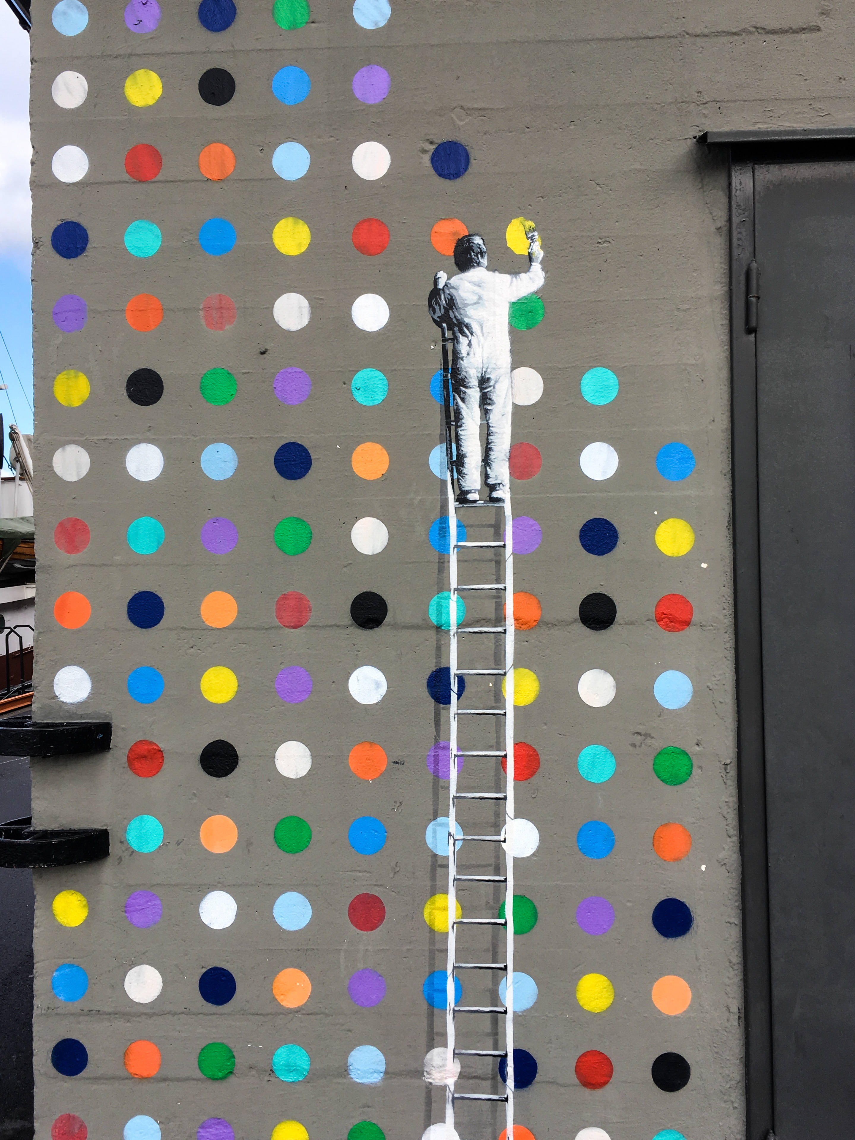 white suit, ladder, vibrant colored dots, 2K Phone Wallpaper