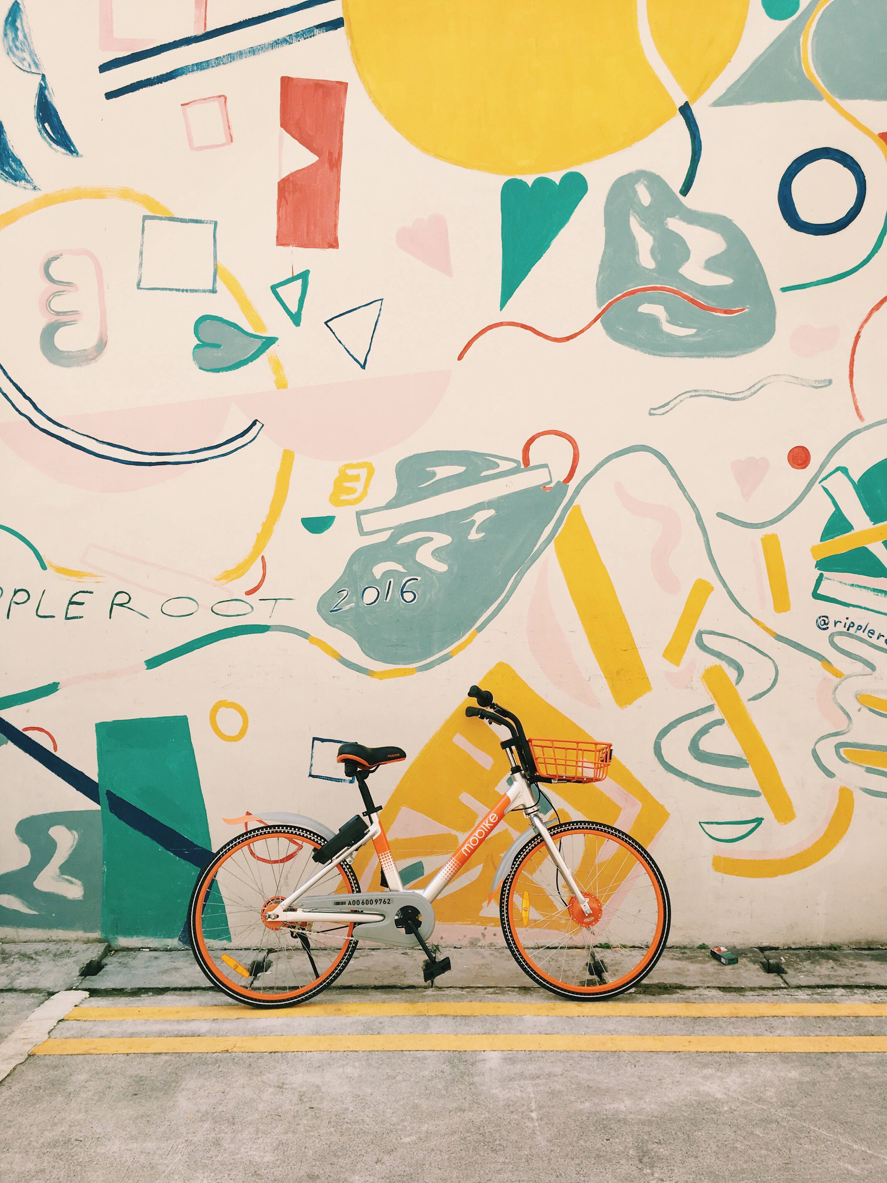 orange bicycle, colorful abstract mural wall, geometric shapes, 4K Phone Wallpaper